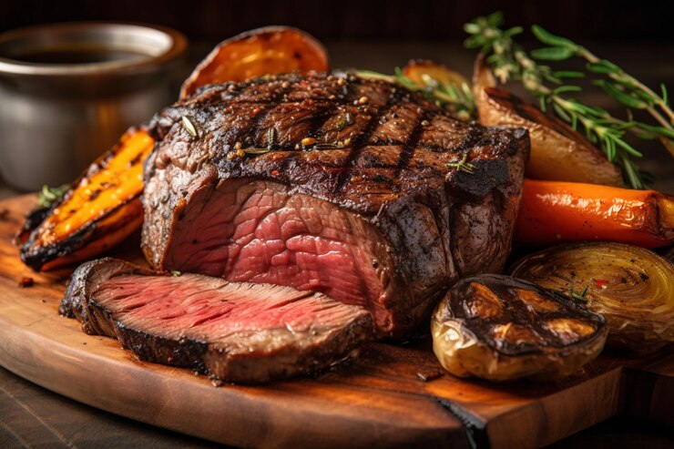 Foto gratuito bistec jugoso de carne de res medio raro con especias y verduras a la parrilla