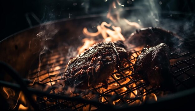 Bistec a la parrilla chisporrotea en una rejilla de metal al aire libre generada por IA