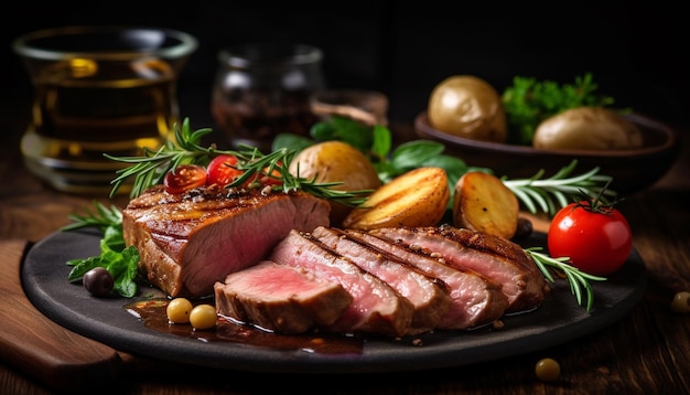 Foto gratuita bistec a la parrilla cocinado raro en una mesa de madera rústica generada por inteligencia artificial