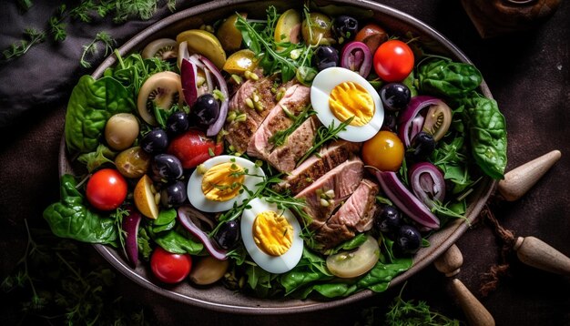 Bistec a la parrilla y ensalada de verduras en un plato de pan ciabatta generado por IA