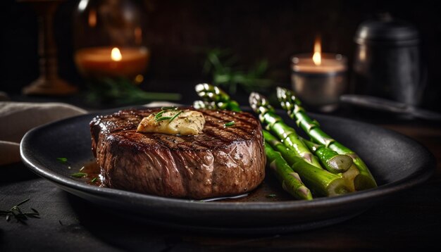 Bistec a la parrilla y espárragos en una mesa rústica generada por IA