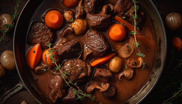 Bistec a la parrilla y estofado de ternera con patatas generado por IA