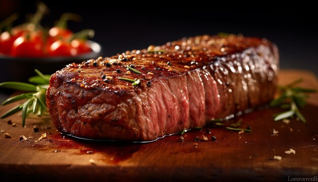 Foto gratuita bistec a la parrilla jugoso y raro en un plato de madera rústico generado por inteligencia artificial