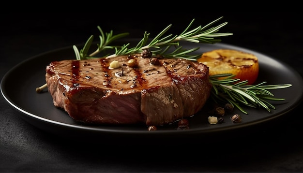 Foto gratuita bistec a la parrilla jugoso y tierno listo para comer en un plato generado por inteligencia artificial