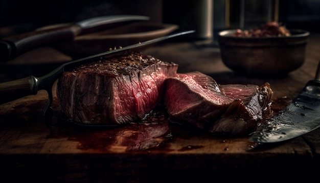 Bistec a la parrilla en mesa de madera comida gourmet generada por IA