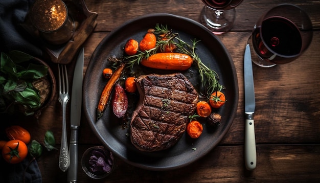 Bistec a la parrilla en una mesa rústica chamuscada y jugosa generada por IA