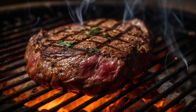 Bistec a la parrilla en un plato jugoso y raro listo para comer generado por IA