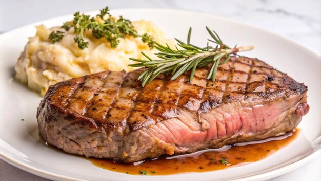 bistec a la parrilla con romero y puré de patatas en un plato blanco