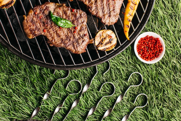 Bistec a la parrilla y verduras con brocheta metálica en la parrilla de la barbacoa sobre fondo de hierba verde