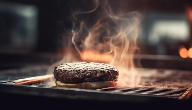 Bistec de ternera a la parrilla sobre una rejilla de metal al aire libre generada por IA