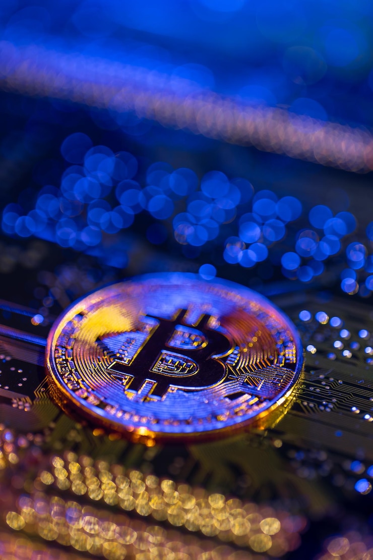 Photo Gratis bitcoin coin closeup on circuit board finance concept
