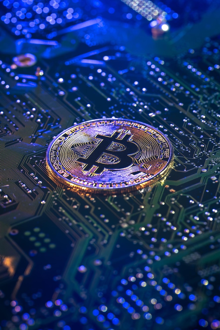 Photo Gratis bitcoin coin closeup on circuit board finance concept