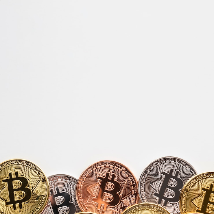 Foto gratuito bitcoin con varios colores sobre fondo liso