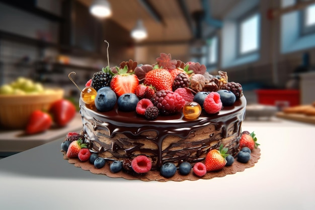 Bizcocho de chocolate decorado con frutos del bosque arándanos fresas y moras Ai generativo