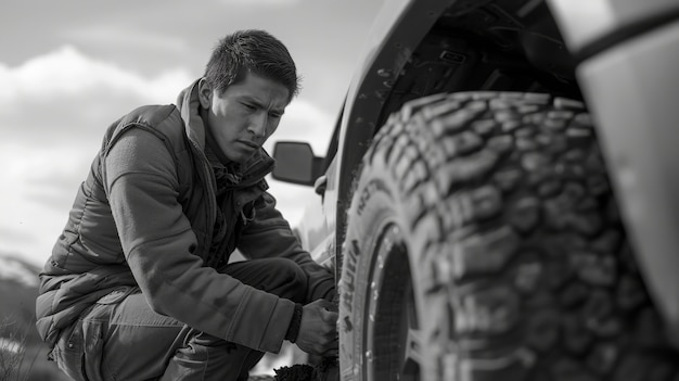 Foto gratuita black and white people with off-road car driving for adventure