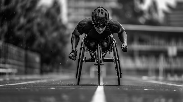 Foto gratuita black and white portrait of athlete competing in the paralympics championship games