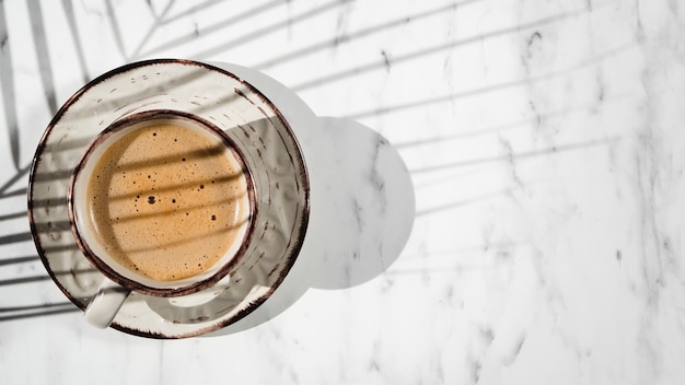 Un blanco lleno de taza de café sobre un fondo blanco cubierto por una sombra de hoja de ficus