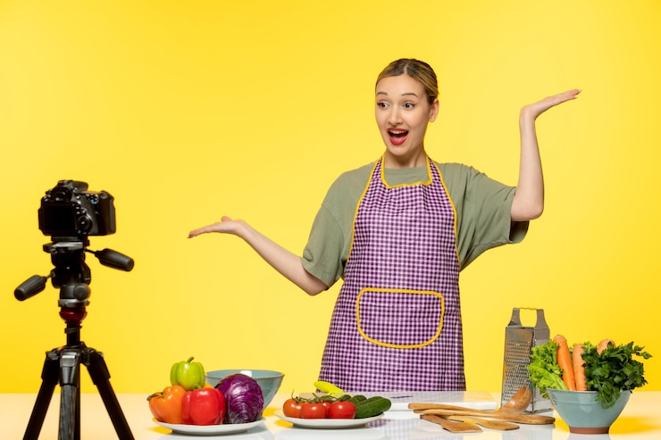 Foto gratuito blogger de comida adorable chef saludable grabando video para las redes sociales con las manos agitadas
