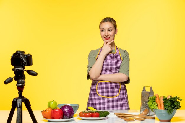 Blogger de comida adorable chef saludable grabando video para las redes sociales pensando y sonriendo