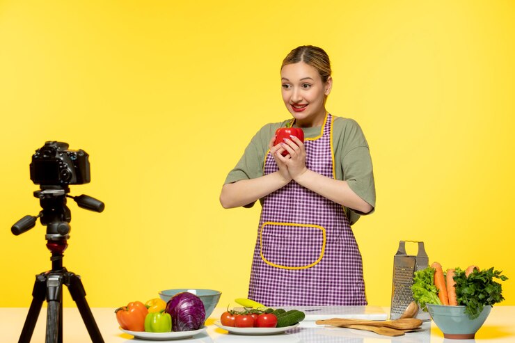 Foto gratuito blogger de comida adorable chef saludable grabando video para redes sociales con pimiento rojo