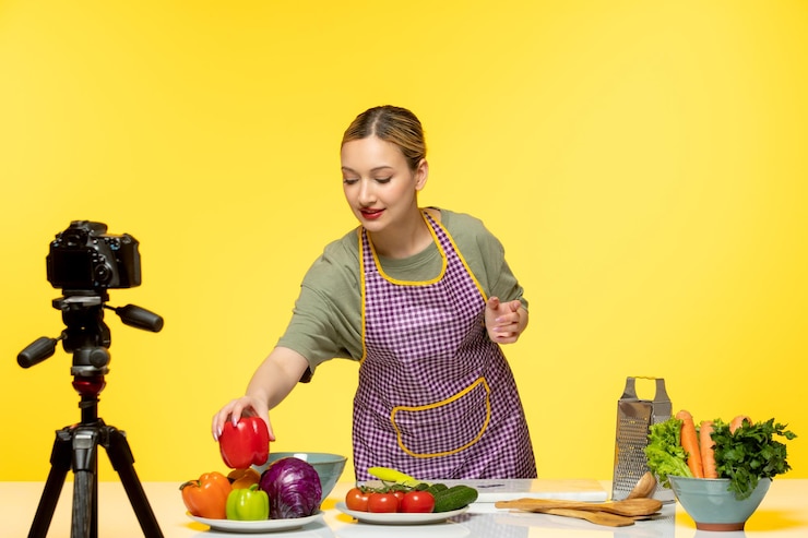 Foto gratuito blogger de comida adorable chef saludable grabando video para redes sociales