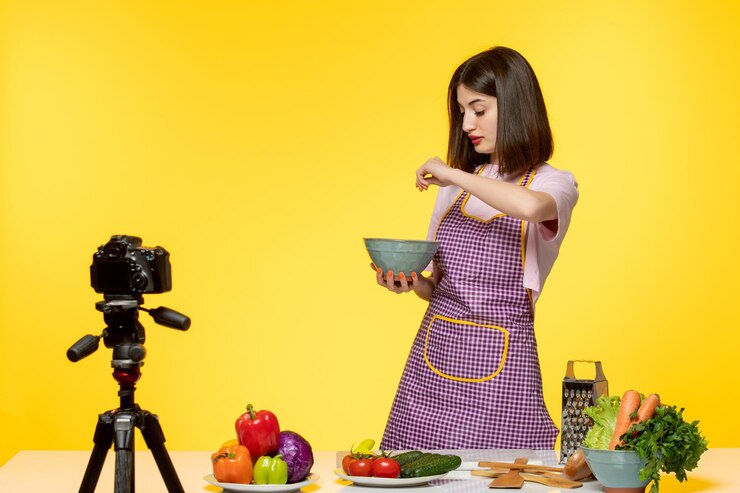 Foto gratuito blogger de comida chef de fitness saludable grabando video para redes sociales rociando ensalada