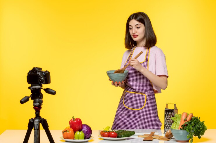 Foto gratuito blogger de comida chef de fitness saludable grabando video para redes sociales con el tazón