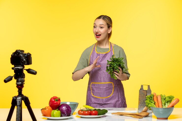 Foto gratuito blogger de comida joven cocinero fitness grabando video para redes sociales cocinando comida