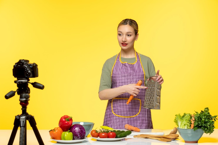 Foto gratuito blogger de comida linda cocinera fitness grabando video para redes sociales triturando zanahoria