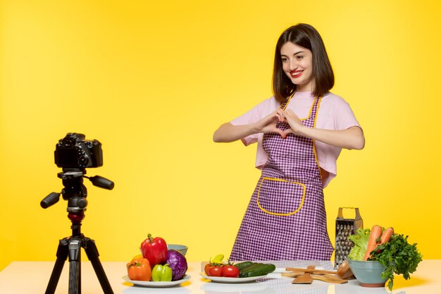 Blogger de comida lindo chef encantador en delantal rosa grabando video para redes sociales con gesto de corazón