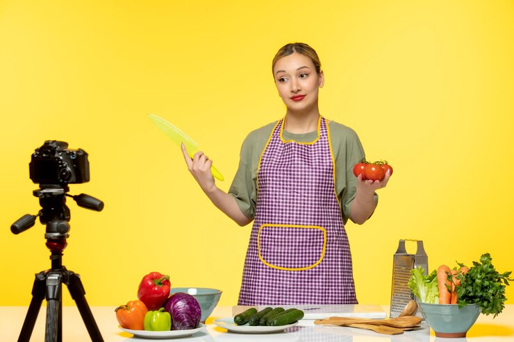 Foto gratuito blogger de comida lindo chef saludable grabando video para redes sociales con tomates