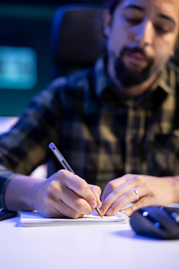 Foto gratuito blogger escribiendo en un cuaderno con un bolígrafo