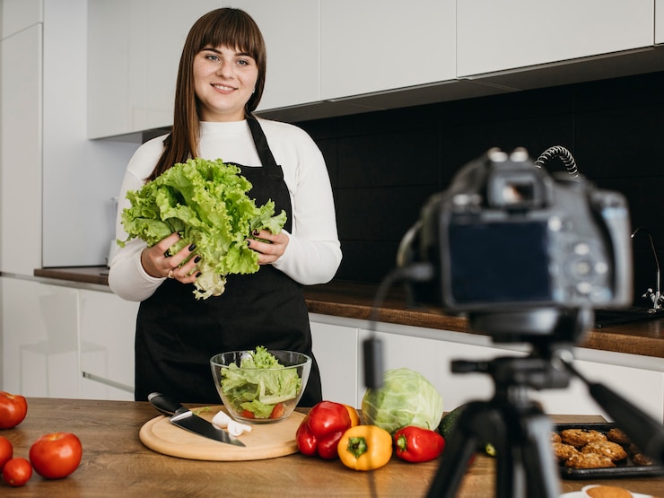 Foto gratuito blogger femenina grabando a sí misma con la cámara mientras prepara la ensalada