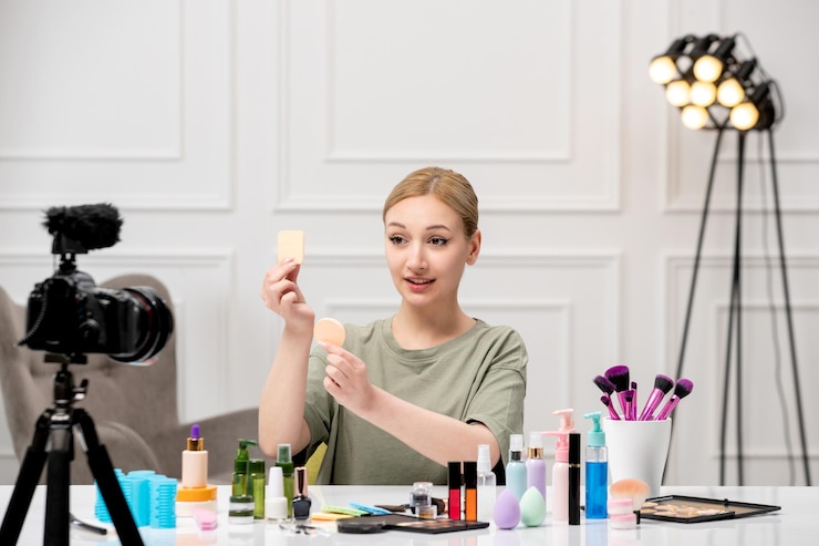 Foto gratuito blogger de maquillaje creando tutorial de maquillaje en la cámara joven linda linda chica con varias esponjas