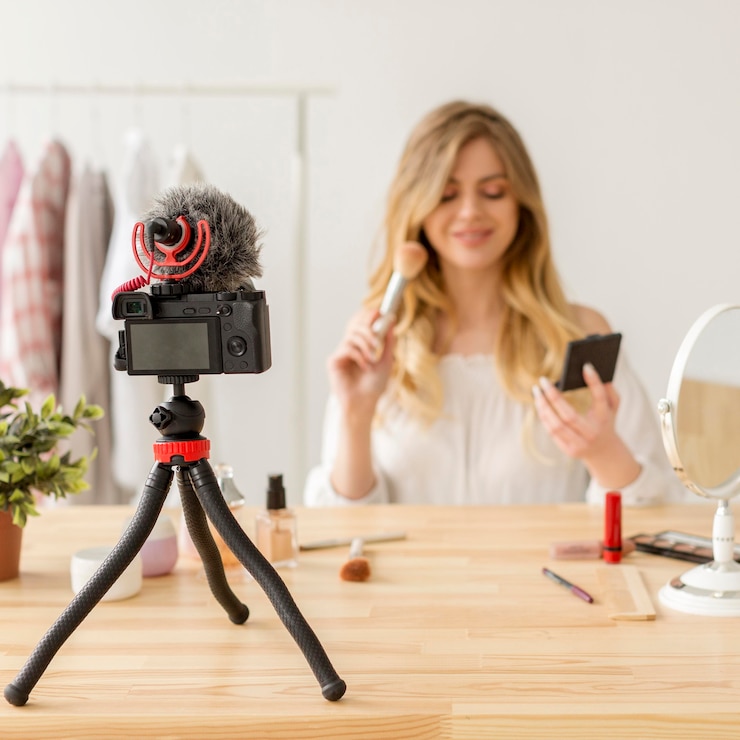 Foto gratuito blogger de maquillaje grabando video