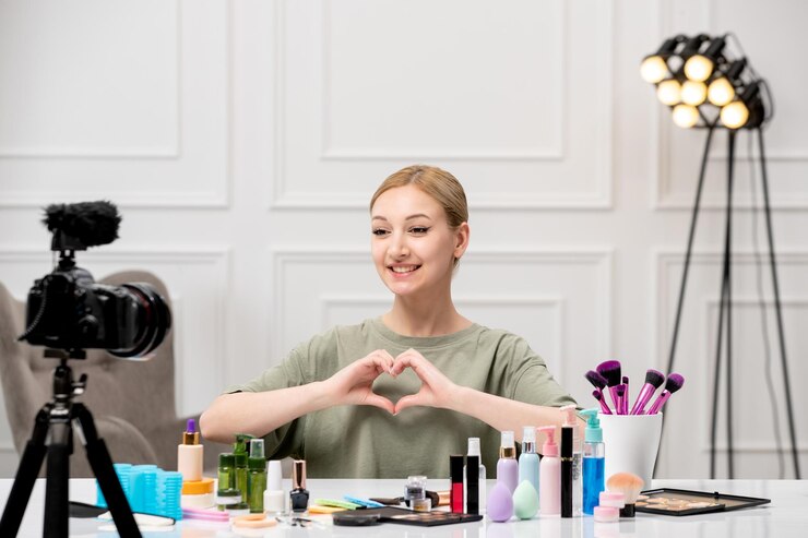 Foto gratuito blogger de maquillaje joven linda chica bonita grabando tutorial de maquillaje en cámara enviando amor