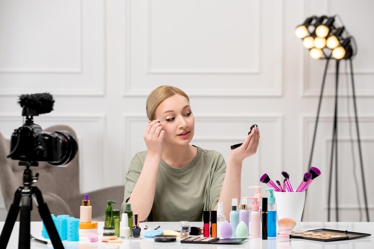 Foto gratuito blogger de maquillaje joven linda chica bonita grabando tutorial de maquillaje en la cámara poniendo sombra de ojos
