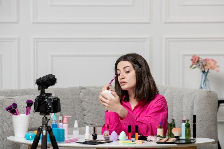 Foto gratuito blogger de maquillaje linda encantadora hermosa joven grabando video en la cámara poniéndose maquillaje