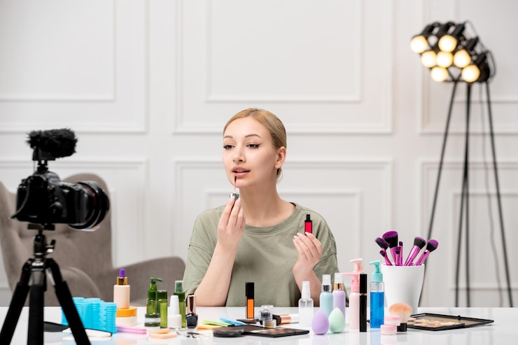 Foto gratuito blogger de maquillaje linda niña bonita grabando tutorial de maquillaje en cámara