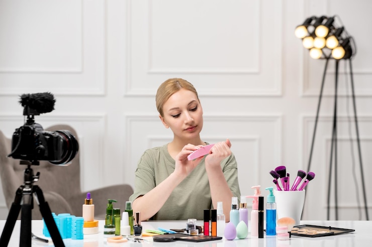 Foto gratuito blogger de maquillaje muy linda niña grabando tutorial de maquillaje en cámara limando uñas