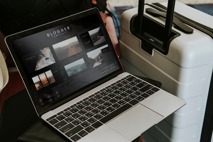 Foto gratuito blogger portátil por un equipaje en el aeropuerto.
