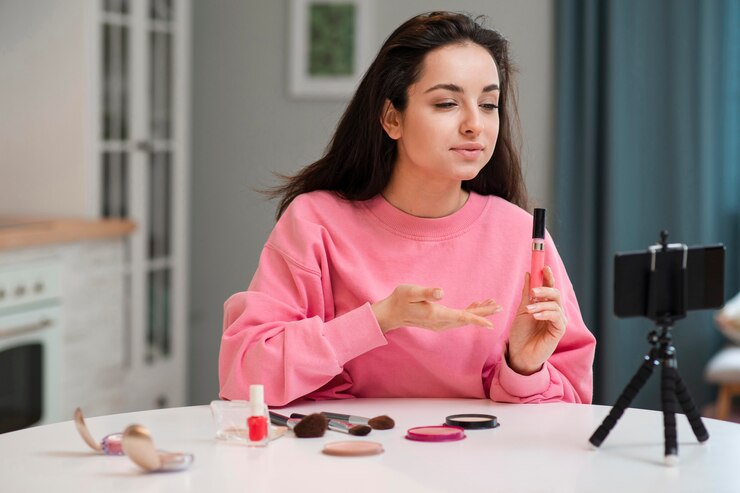 Foto gratuito blogger presentando nuevos accesorios de maquillaje