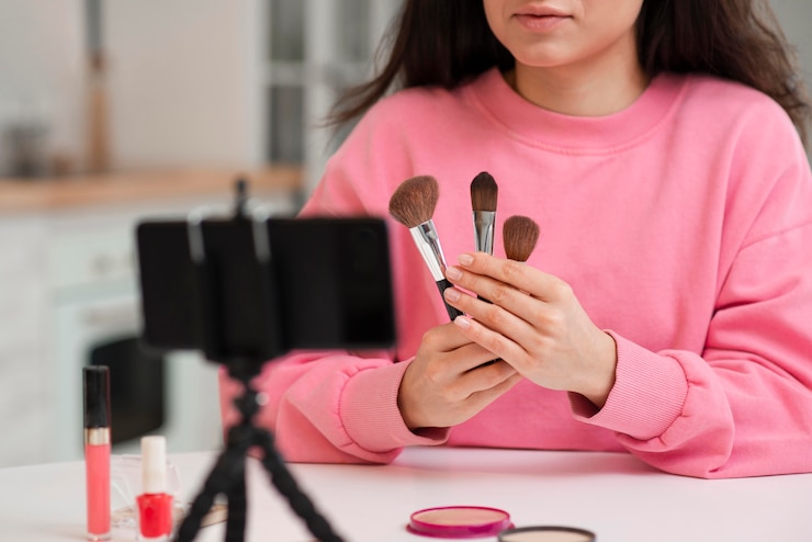 Foto gratuito blogger presentando nuevos accesorios de maquillaje