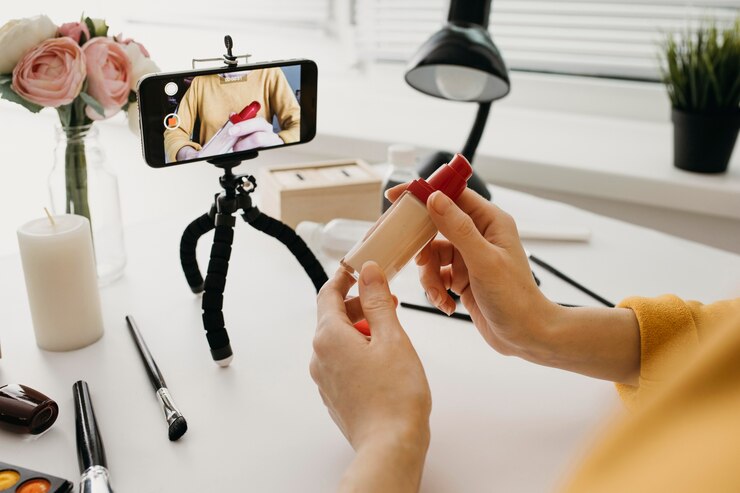 Foto gratuito blogger streaming maquillaje base online con smartphone