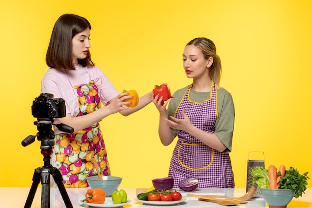 Bloguera de comida linda cocinera fitness grabando video para redes sociales con un amigo y pimientos