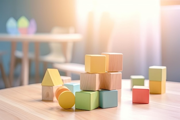 Bloques de juguete de madera sobre una mesa de madera en la sala Children39s Ai generativo