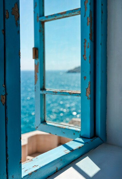 Blue weathered window overlooking the sea