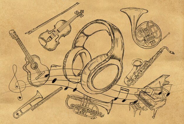 Boceto de auriculares Instrumentos de música en papel marrón