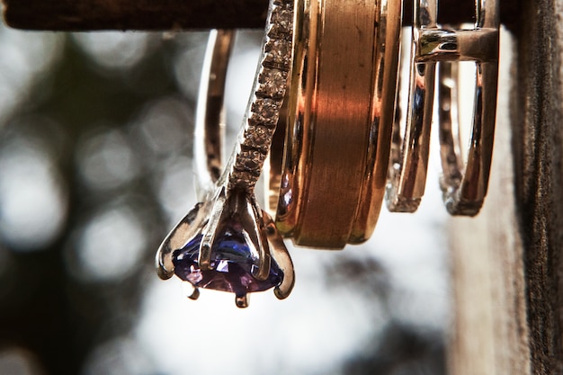 Foto gratuita boda y anillos de compromiso cuelgan de un palo