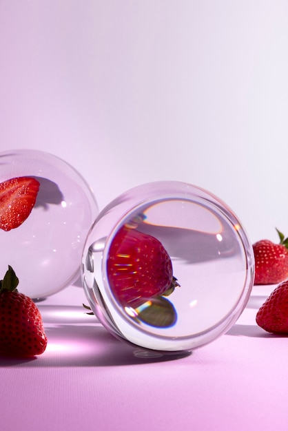 Bodegón de bolas de cristal y frutas